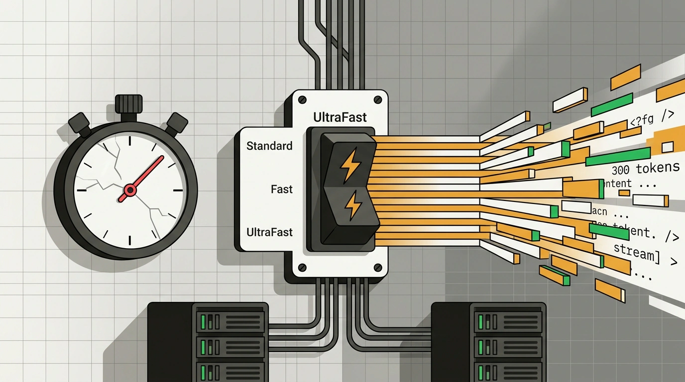Концептуальная иллюстрация режима генерации UltraFast со скоростным потоком токенов, тумблером с двумя молниями и аппаратным ускорением инференса.