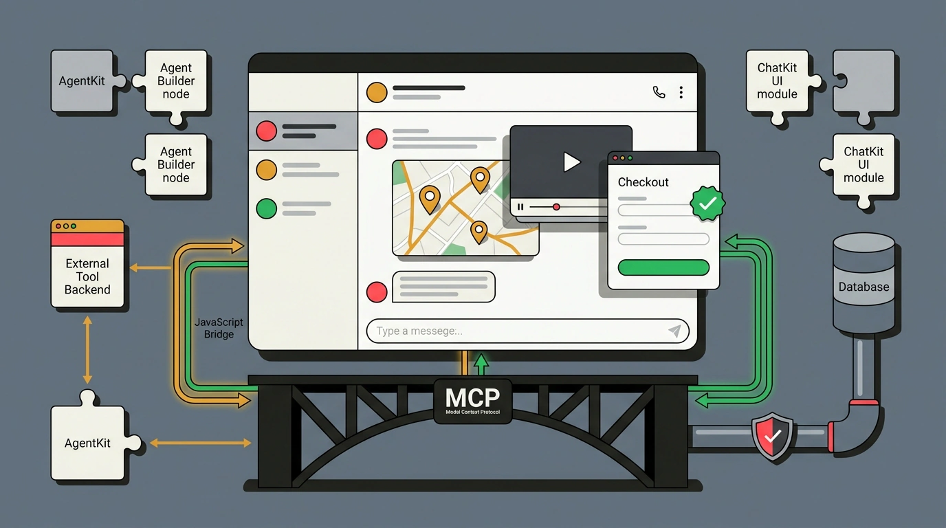 Графическая иллюстрация экосистемы OpenAI Apps SDK на базе протокола MCP с интерактивными графическими виджетами внутри диалогового интерфейса.