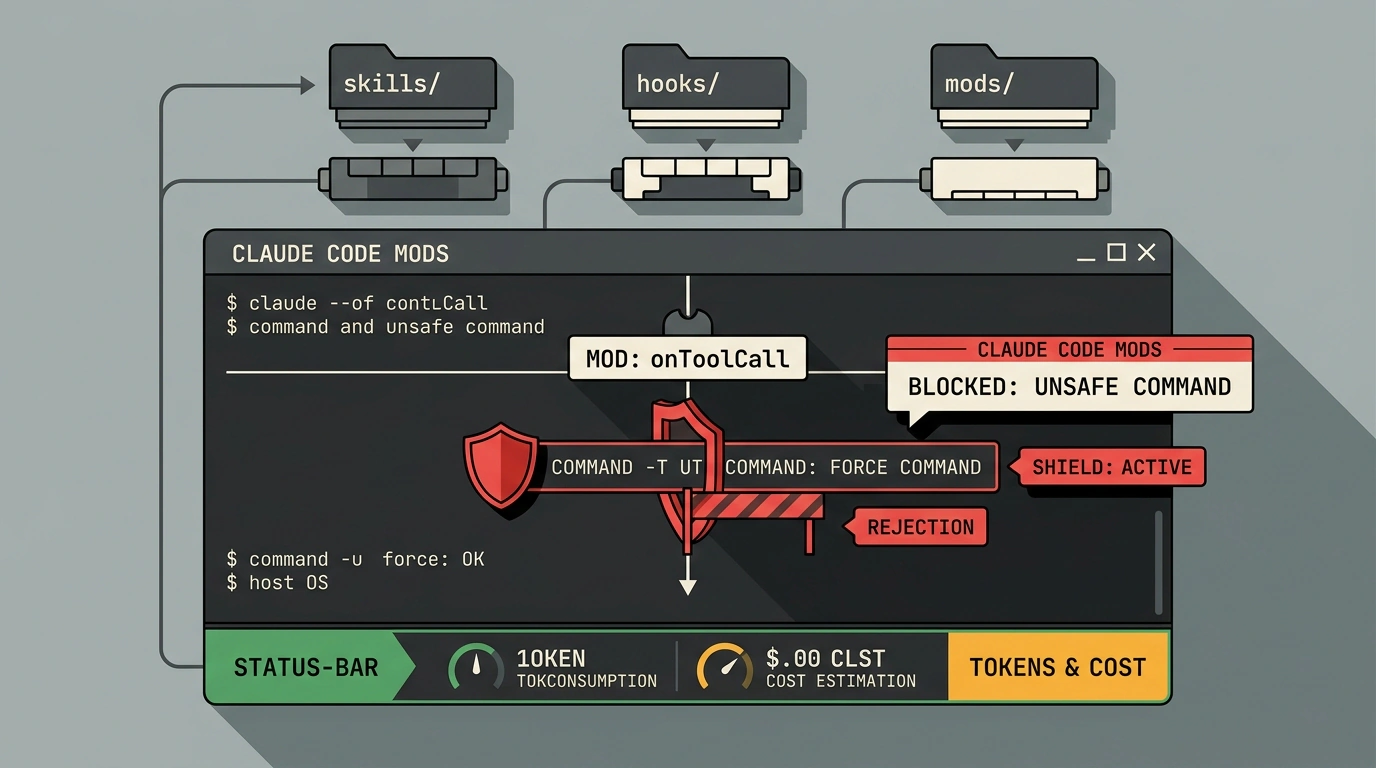 Редакционная иллюстрация архитектуры плагинов и модулей Claude Code с перехватом опасных терминальных команд и мониторингом токенов.