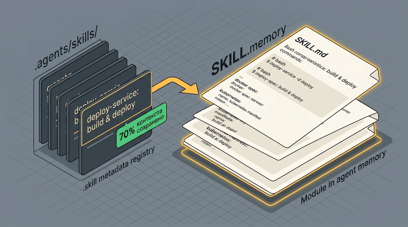 Инженерная схема прогрессивной загрузки декларативных навыков SKILL.md с экономией оперативной памяти агента.