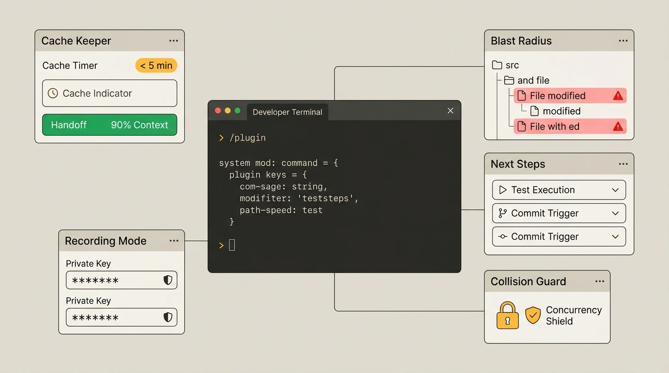 Редакционная иллюстрация архитектуры плагинов Claude Code: консольные виджеты, защита файловой системы и мониторинг кэша.