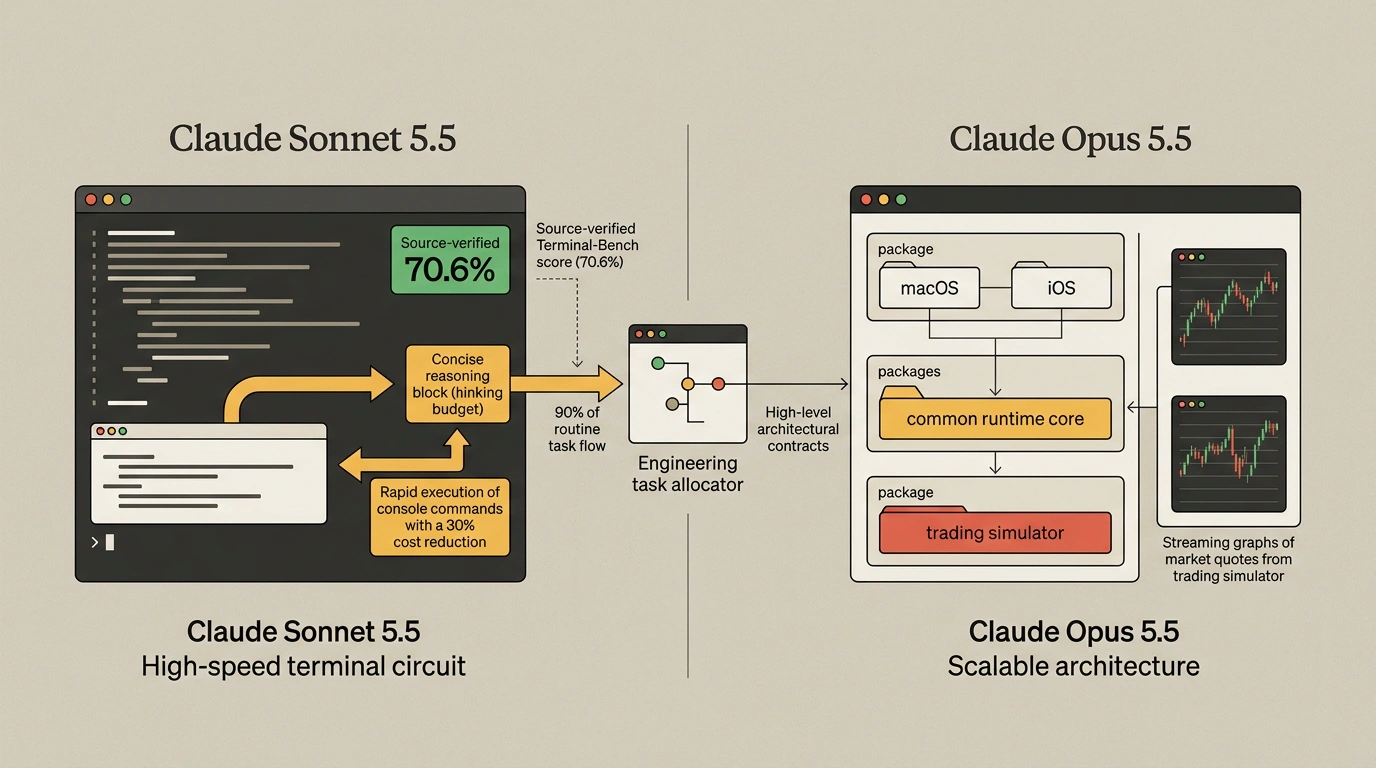 Инженерная иллюстрация сопоставления моделей Claude 5.5: скоростная консольная разработка на Sonnet 5.5 и глубокое системное проектирование на Opus 5.5.