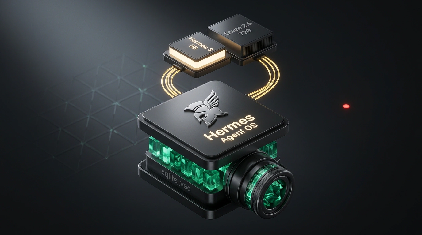Архитектура Hermes Agent OS с разделением управляющего контура, слоя векторной памяти sqlite_vec и пула сменяемых моделей.