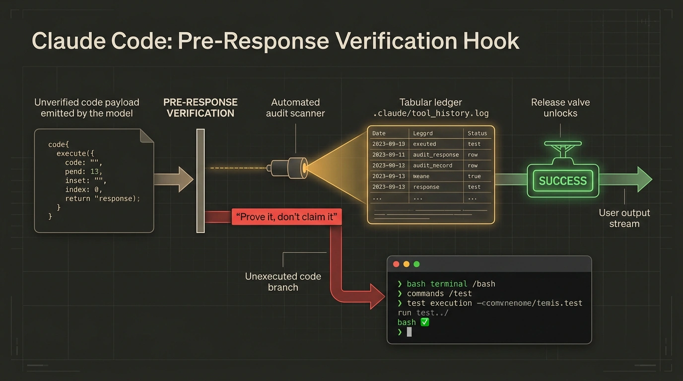 Редакционная иллюстрация работы pre-response хука в Claude Code: перехват кода, аудит журнала tool_history.log и допуск только после запуска в терминале bash.