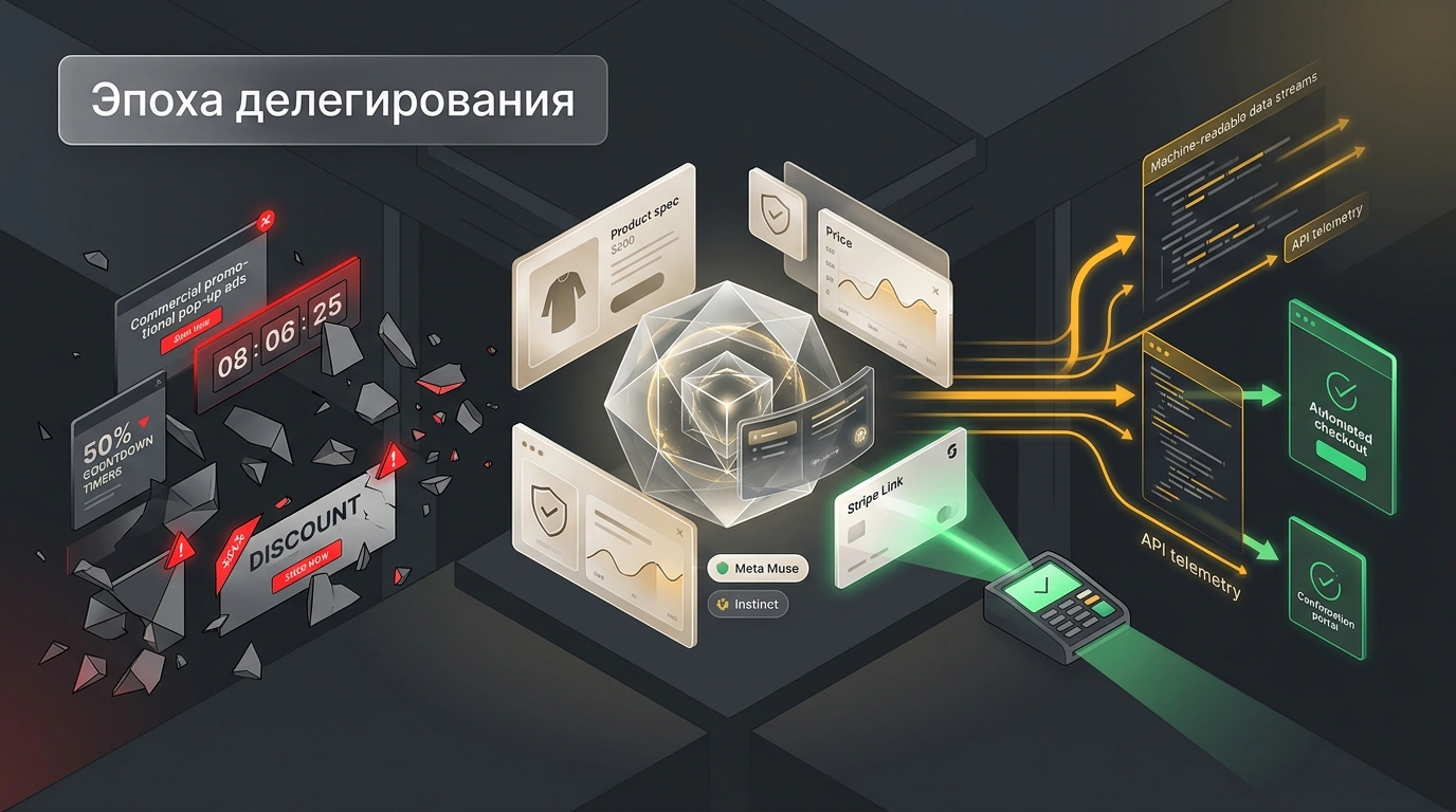 Концептуальная иллюстрация персонального ИИ-агента со смарт-платежами Stripe Link, совершающего закупки напрямую по техническим спецификациям в обход рекламных баннеров.