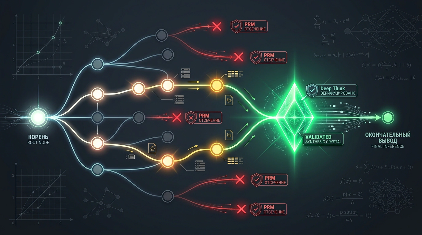 Многопутевое дерево параллельного рассуждения Gemini Deep Think с отсечением тупиковых ветвей и выбором оптимального решения.