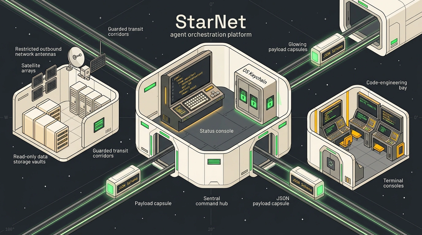Архитектурная изометрия операционной системы StarNet в виде космической станции с изолированными отсеками и коридорами передачи задач агентов.