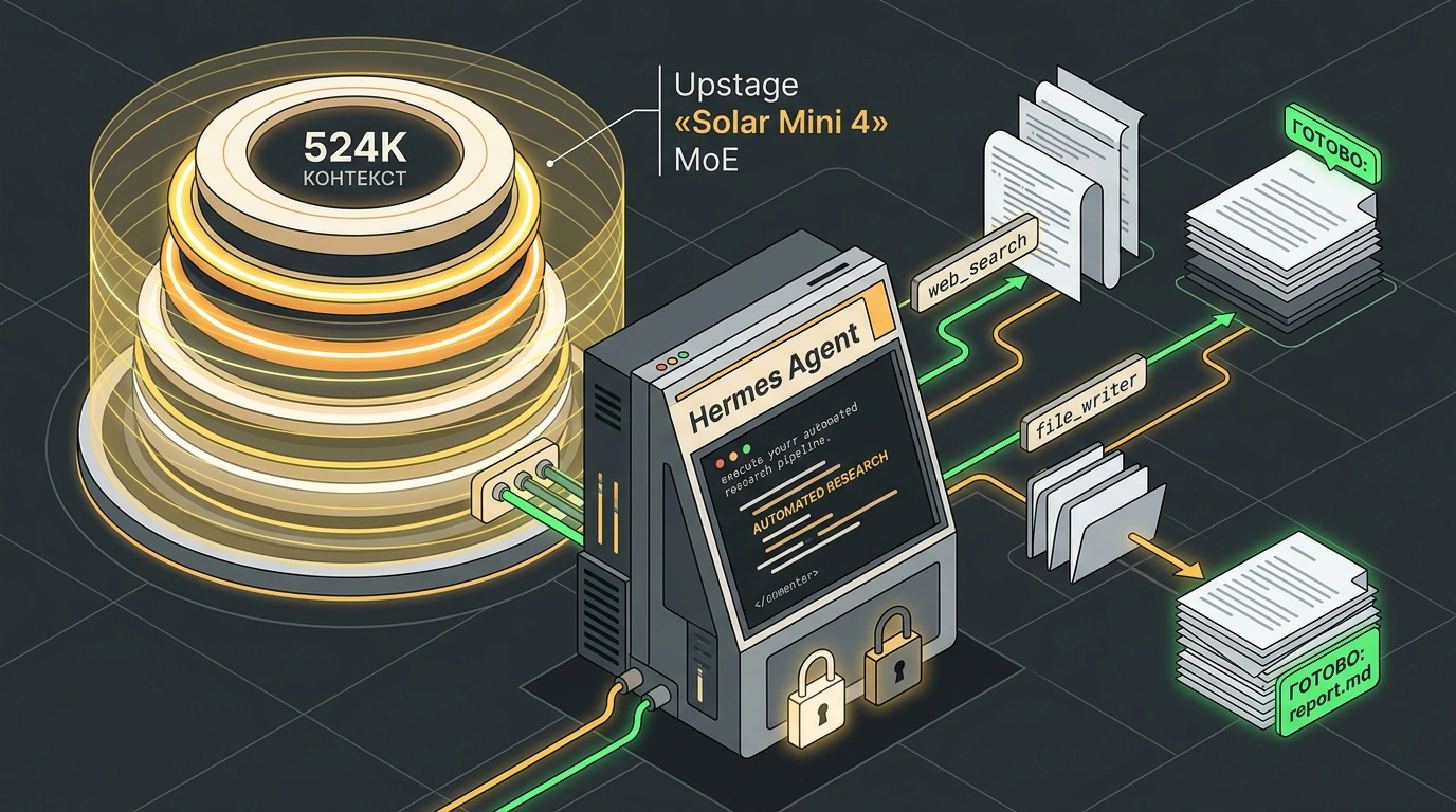 Интеграция консольного фреймворка Hermes Agent и языковой модели Solar Mini с большим контекстным окном для автономных исследований.