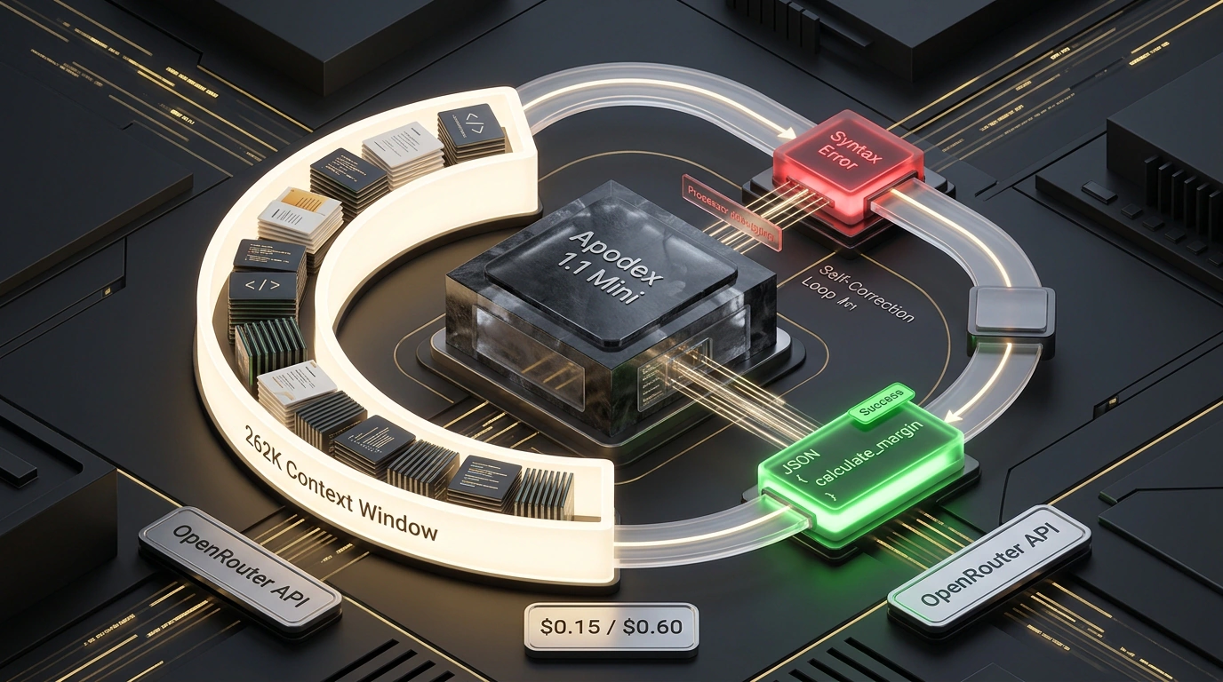Компактная агентная нейросетевая модель Apodex 1.1 Mini с окном контекста 262K токенов и циклом самокоррекции вызовов кода.