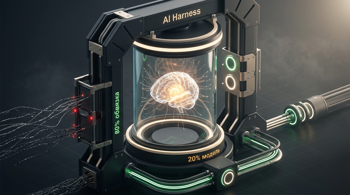 Концептуальная 3D-иллюстрация архитектуры AI Harness: светящийся вероятностный мозг в прозрачной капсуле, заключенный в многоуровневый детерминированный каркас-экзоскелет с шинами валидации.