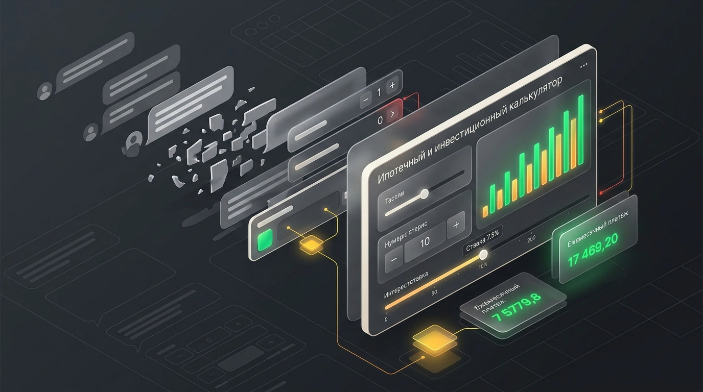 Интерактивный интерфейс GPT-6 Intelligent UI: превращение статичного диалога в динамический финансовый калькулятор с ползунками, интерактивным графиком и карточками данных.