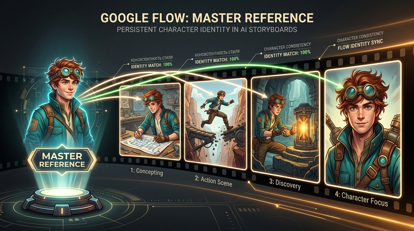 Консистентность персонажей в Google Flow: сохранение внешности героя и стилистики раскадровки на серии последовательных кинематографических кадров.