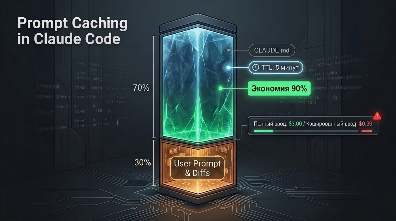 Архитектура Prompt Caching в Claude Code: неизменный префикс системных инструкций в пятиминутном кэше обеспечивает 90-процентную экономию затрат на входные токены.
