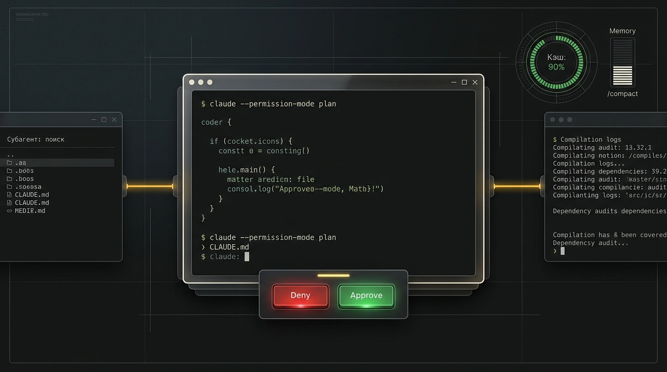 Концептуальная иллюстрация терминального агента Claude Code: темный интерфейс командной строки с активным оркестратором, фоновыми субагентами, защитной кнопкой отклонения и индикатором кэширования.
