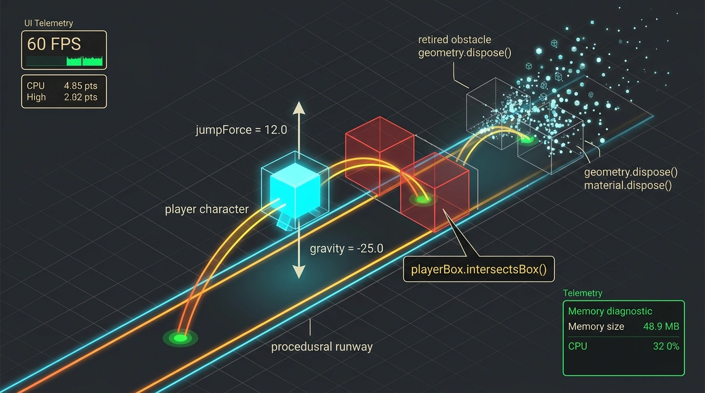 Программная физика браузерной 3D-игры: расчет гравитации персонажа-куба, обнаружение коллизий AABB и своевременное освобождение видеопамяти.