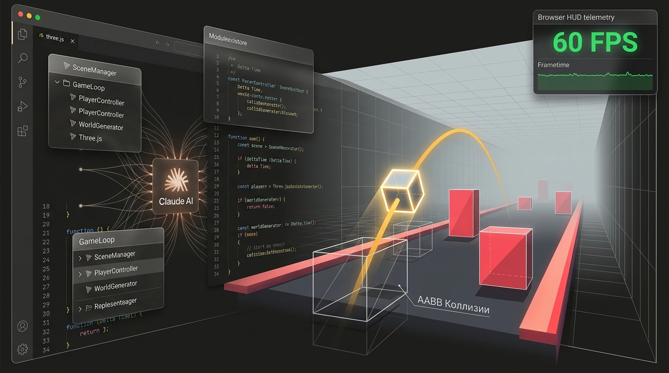 Концептуальная иллюстрация веб-разработки 3D-игры с Claude: консоль кода Three.js плавно переходит в неоновый трехмерный раннер с процедурным миром и индикатором 60 FPS.
