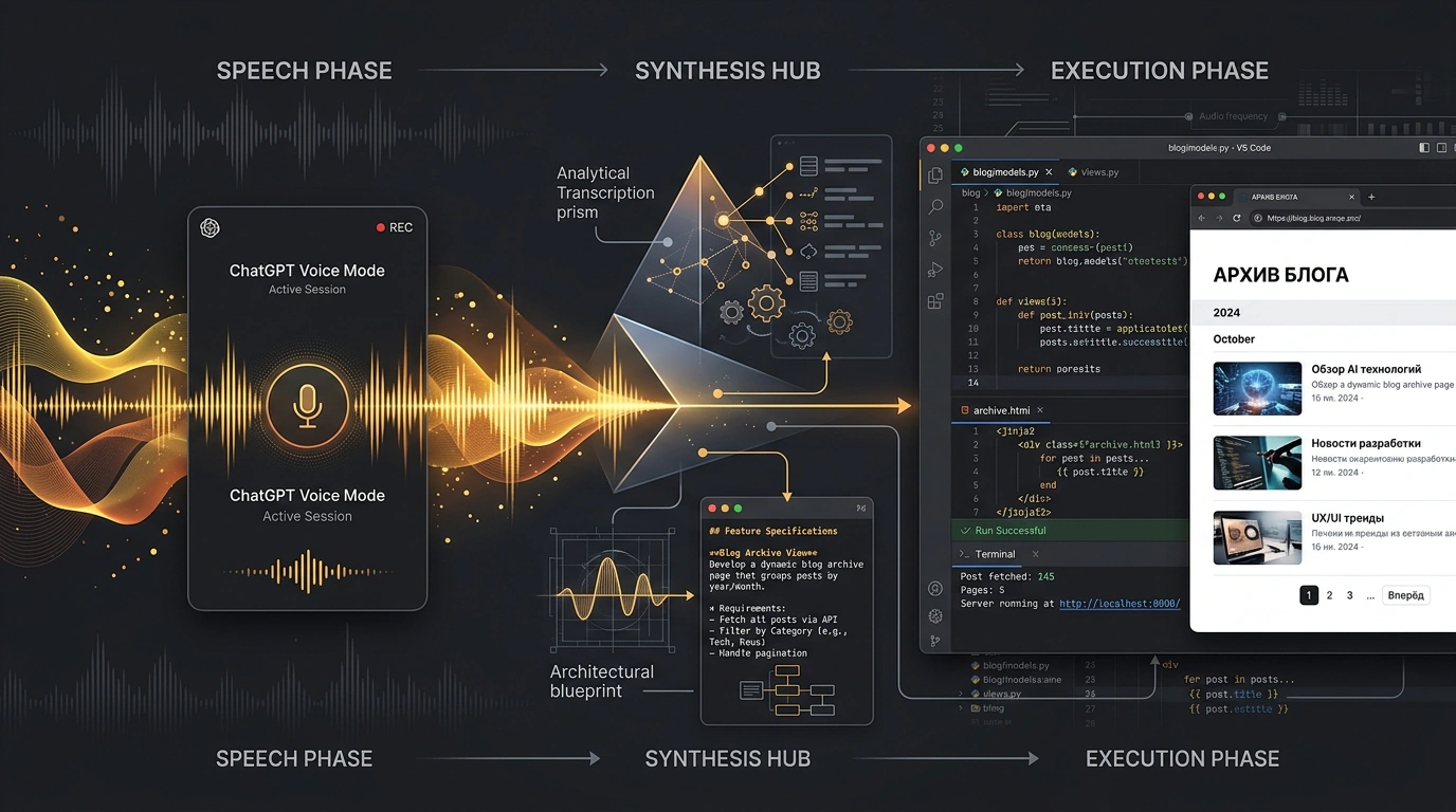 Голосовая разработка с ChatGPT Voice Mode и Codex: трансформация устного диалога разработчика в спецификацию и рабочий код веб-страницы.