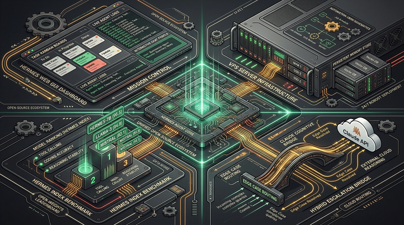 Открытая экосистема Hermes Agent: единая инфраструктура с графическим веб-интерфейсом, автономным сервером на VPS, бенчмарком Hermes Index и гибридной связкой с Claude.