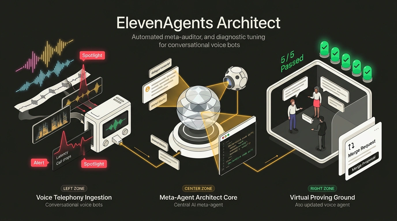 Архитектура мета-аудитора ElevenAgents Architect: автоматическое расследование аномалий звонков, генерация патчей промптов и синтетическая валидация.