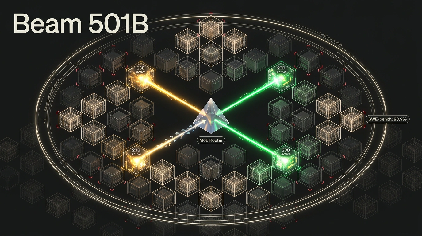 Архитектура Reflection AI Beam 501B: разреженная смесь экспертов MoE, где динамический роутер активирует только 23 млрд параметров из 501 млрд на токен.