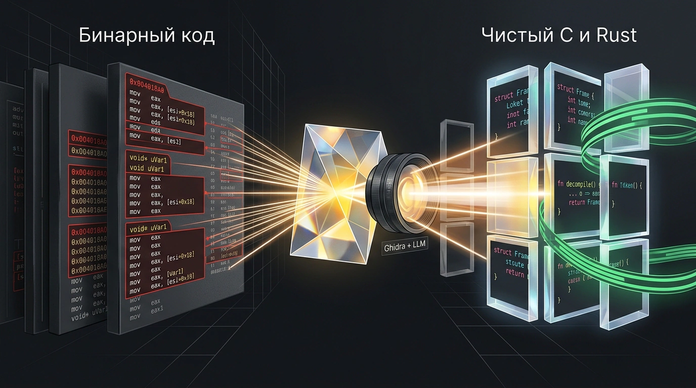 Концептуальная иллюстрация реверс-инжиниринга бинарного кода: трансформация ассемблерных опкодов в чистый код на C и Rust через аналитическую призму Ghidra и нейросетей.