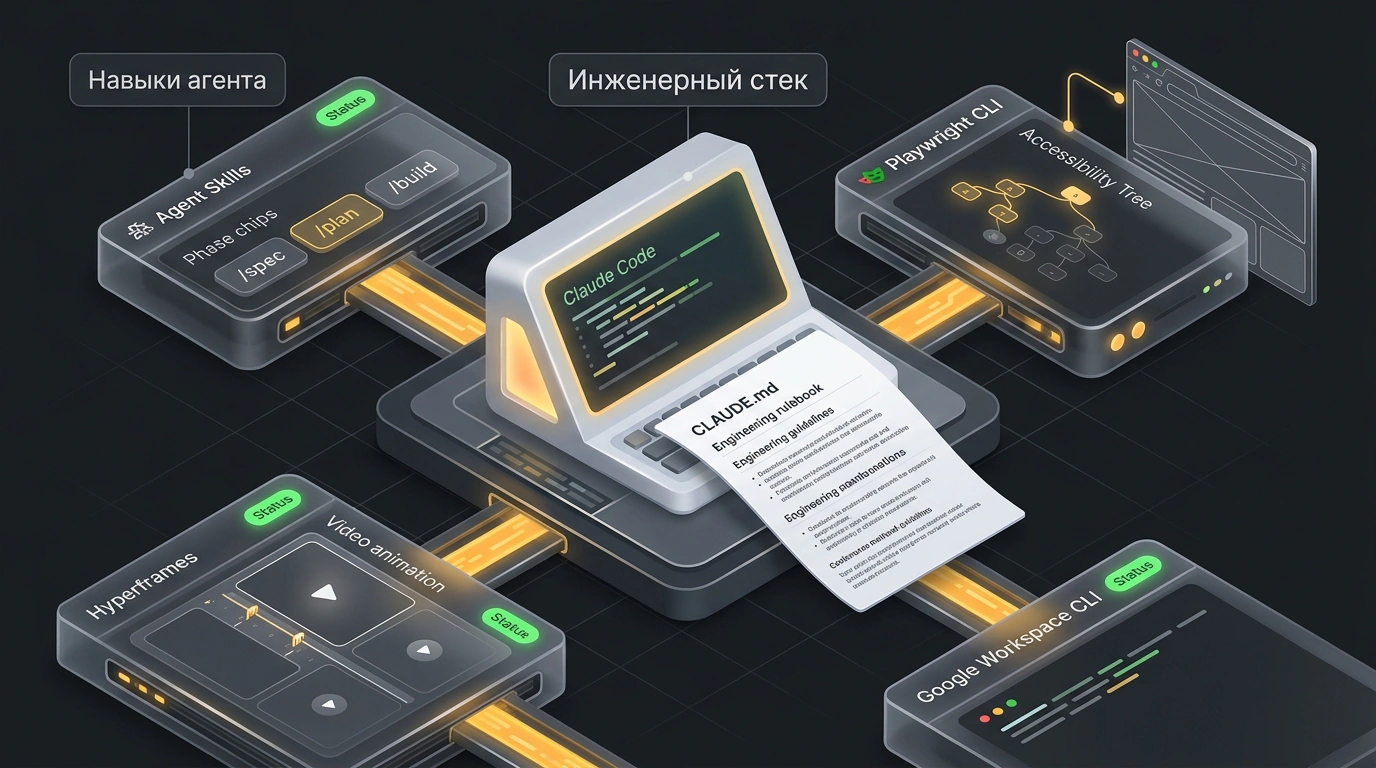 Концептуальная иллюстрация инженерного стека для Claude: модульные инструменты с Playwright CLI, навыками Agent Skills и системным файлом CLAUDE.md организуют автономную разработку.