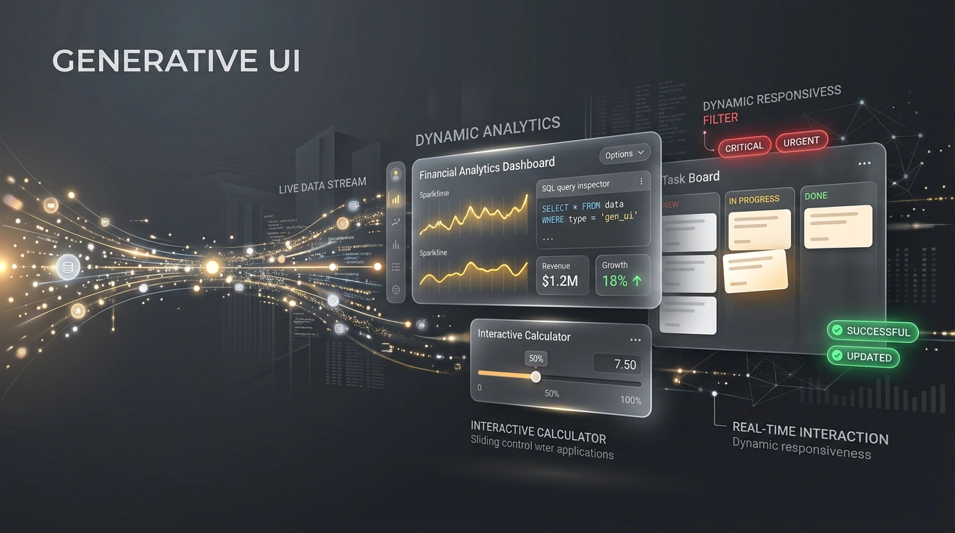Концепция Generative UI: динамическая компиляция интерактивных дашбордов, калькуляторов и канбан-досок из потока данных.