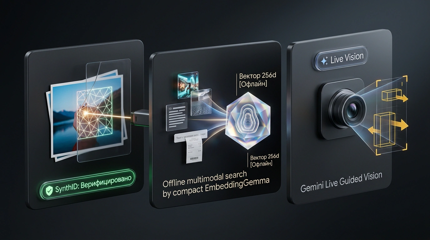 Технологический триптих Google Gemini: скрытый водяной знак SynthID, локальный поиск и видеоанализ Gemini Live.