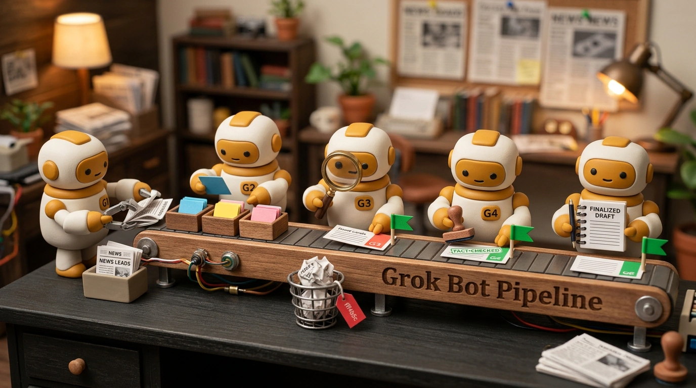 Конвейер подготовки контента из пяти автономных ботов в среде Grok Bot
