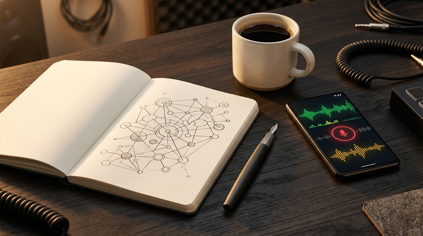 Натюрморт с открытым скетчбуком заметок, смартфоном со звуковой волной NotebookLM и чашкой кофе.