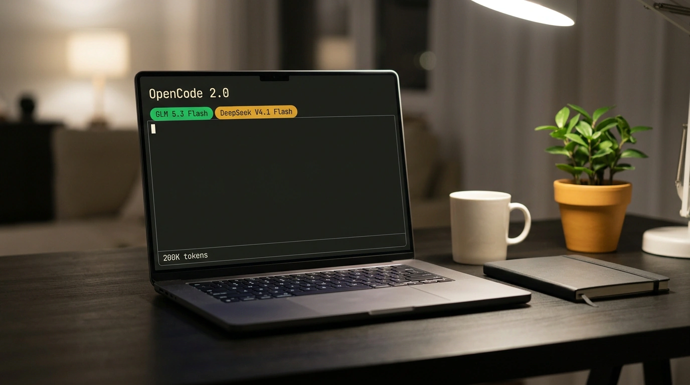 Рабочее место программиста с терминальным интерфейсом OpenCode 2.0 и двумя быстрыми моделями в мягком свете лампы.