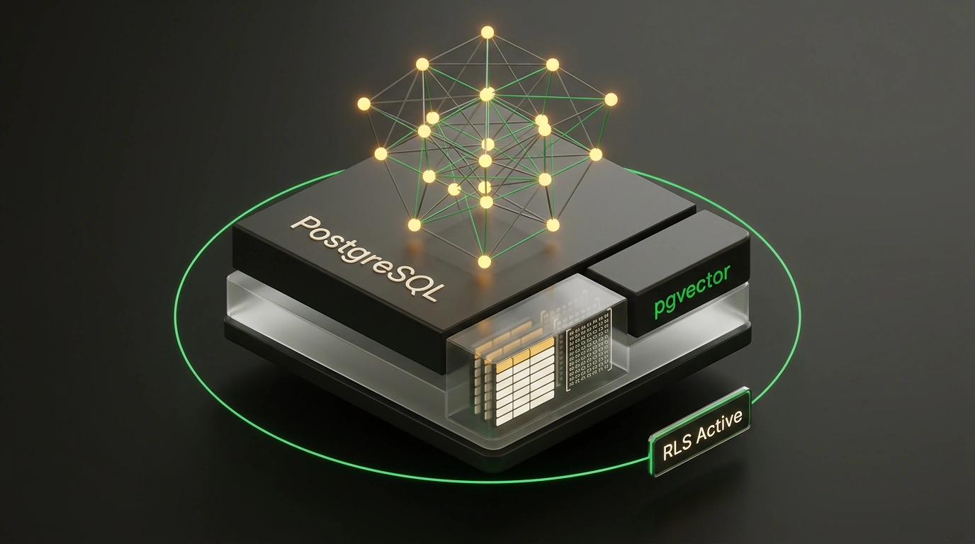 Изометрическая 3D-модель реляционной базы данных PostgreSQL с расширением pgvector и графовым индексом HNSW.