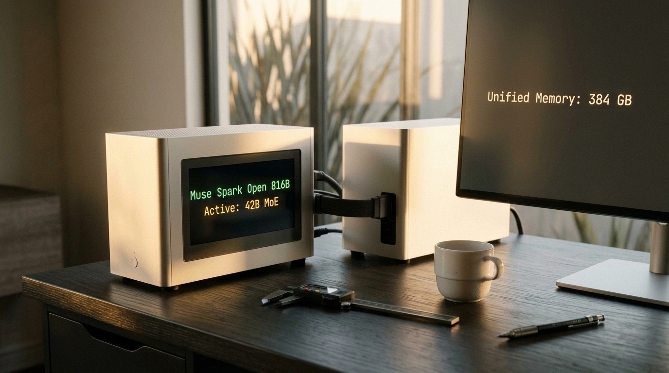 Две рабочие станции Mac Studio на деревянном столе с открытой моделью Muse Spark Open 816B.
