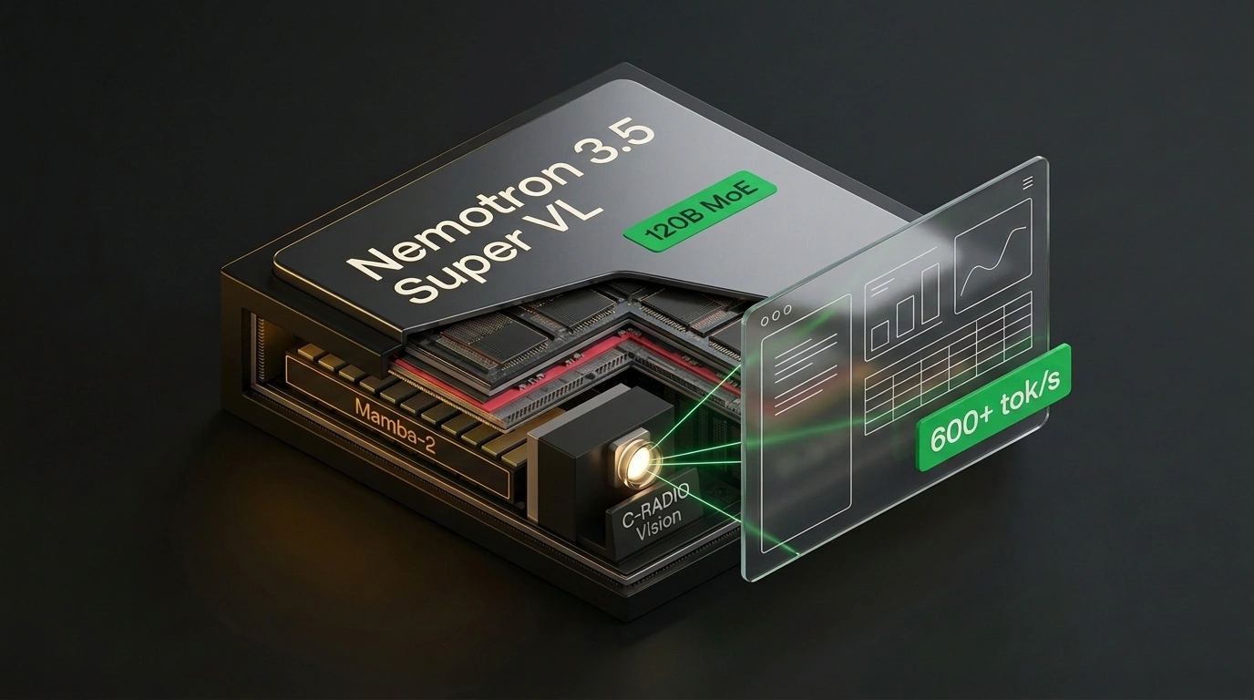 Архитектурный разрез Cutaway мультимодального чипа NVIDIA Nemotron 3.5 Super VL, анализирующего интерфейс и документы.