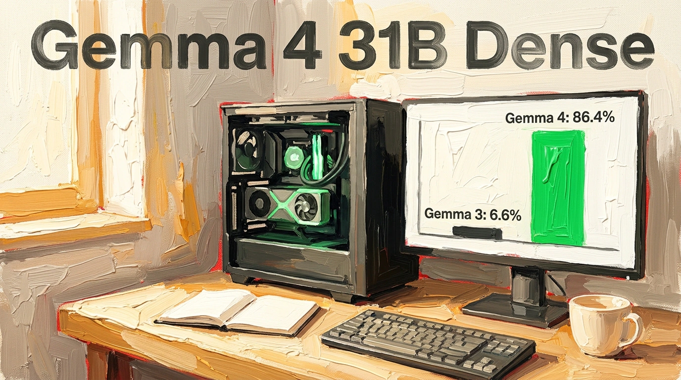 Живописный этюд локальной модели Gemma 4 31B на домашнем компьютере с диаграммой роста агентных способностей.