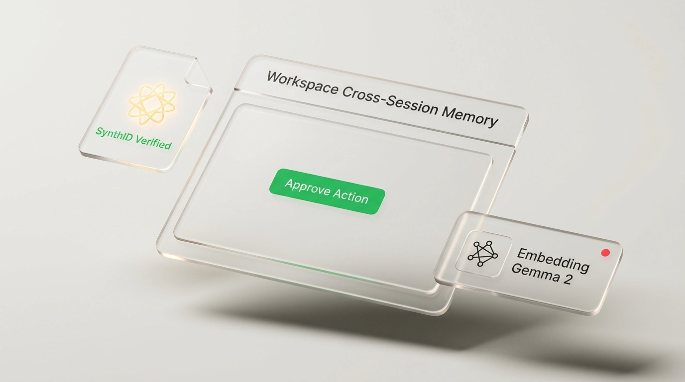 Цифровой UI-натюрморт с эффектом матового стекла для Google Workspace со сквозной памятью и криптографической меткой SynthID.