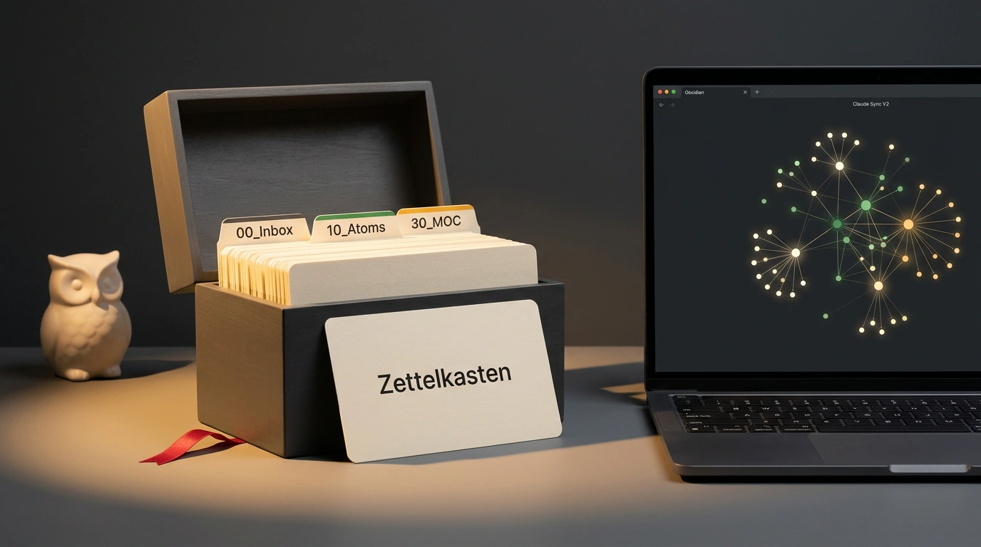 Уютный рабочий стол с деревянной картотекой Zettelkasten, разделителями слоев базы знаний и светящимся графом Obsidian на экране ноутбука