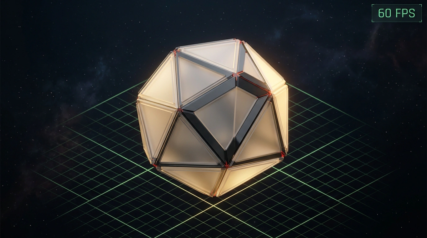 3D-рендер парящего процедурного геометрического кристалла Three.js над светящейся координатной сеткой с отметкой 60 FPS.