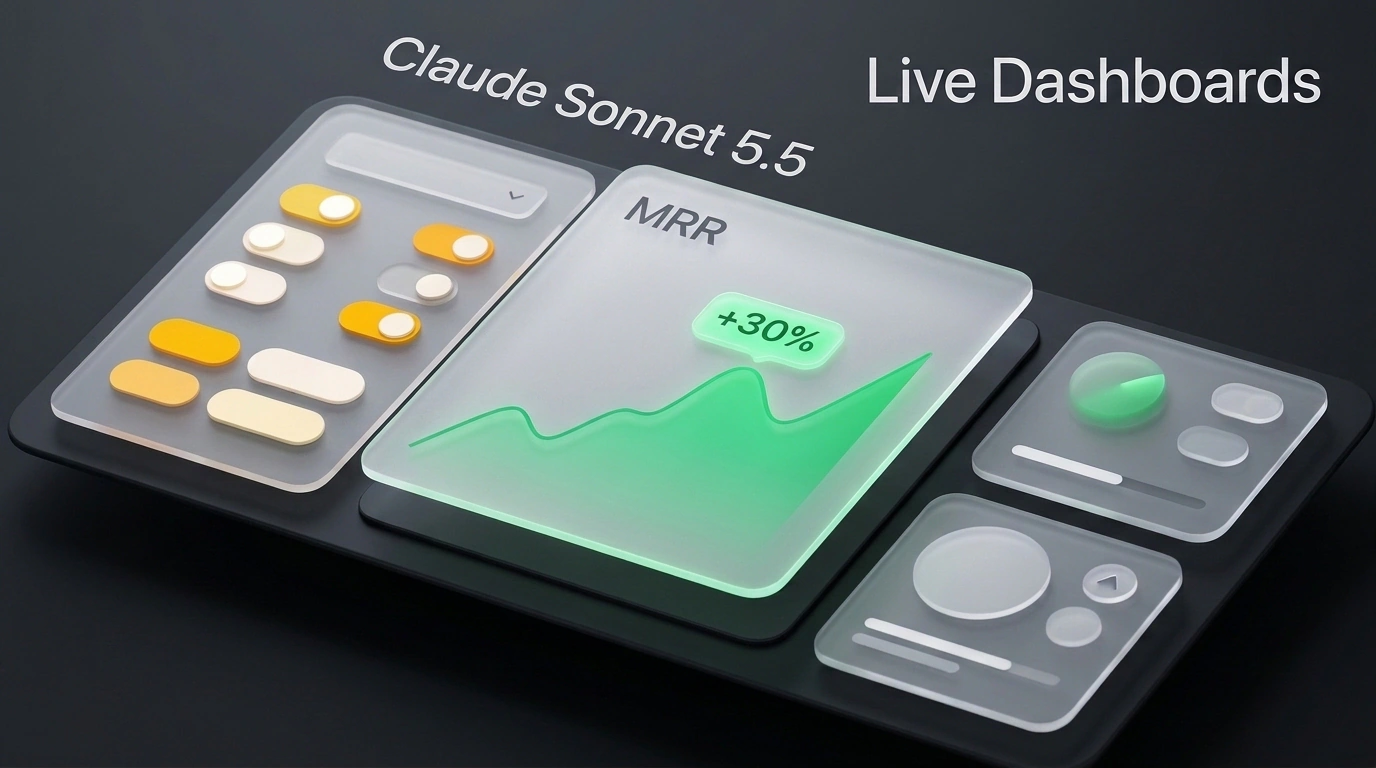 Интерактивный трехмерный интерфейс Live Dashboards в Claude Sonnet 5.5 с парящими панелями графиков на темном графитовом фоне