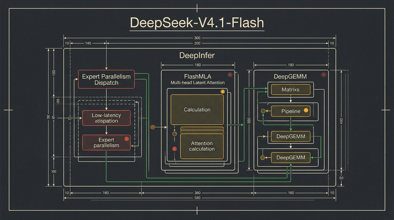 Технический чертеж архитектуры инференс-движка DeepInfer с модулями FlashMLA и DeepGEMM