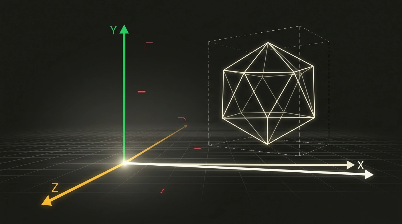 Геометрический чертеж трехмерного пространства Three.js с осями координат X, Y, Z и объемной сеткой перспективы