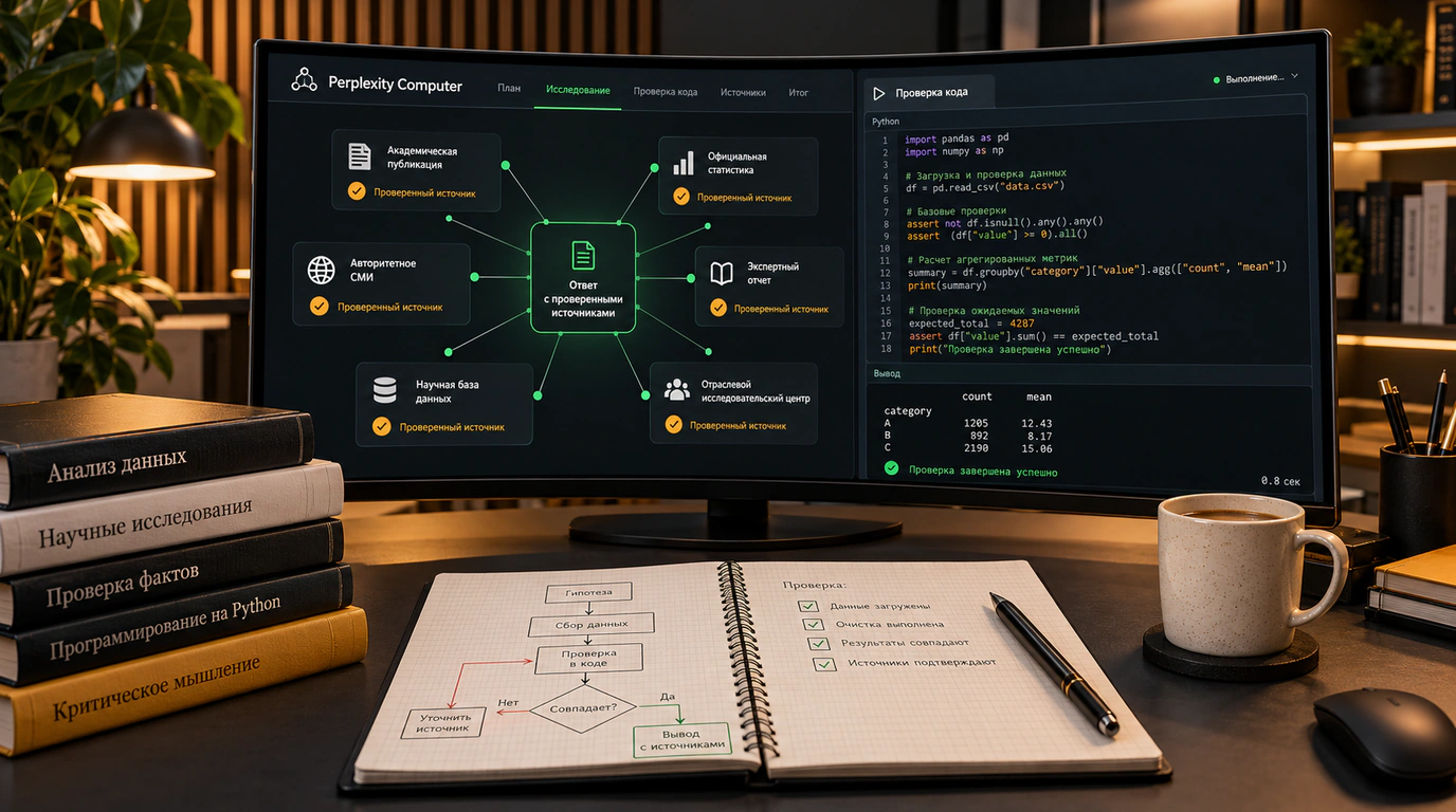 Рабочее место исследователя с несколькими дисплеями Perplexity Computer, отображающими граф проверки источников и песочницу SPACE