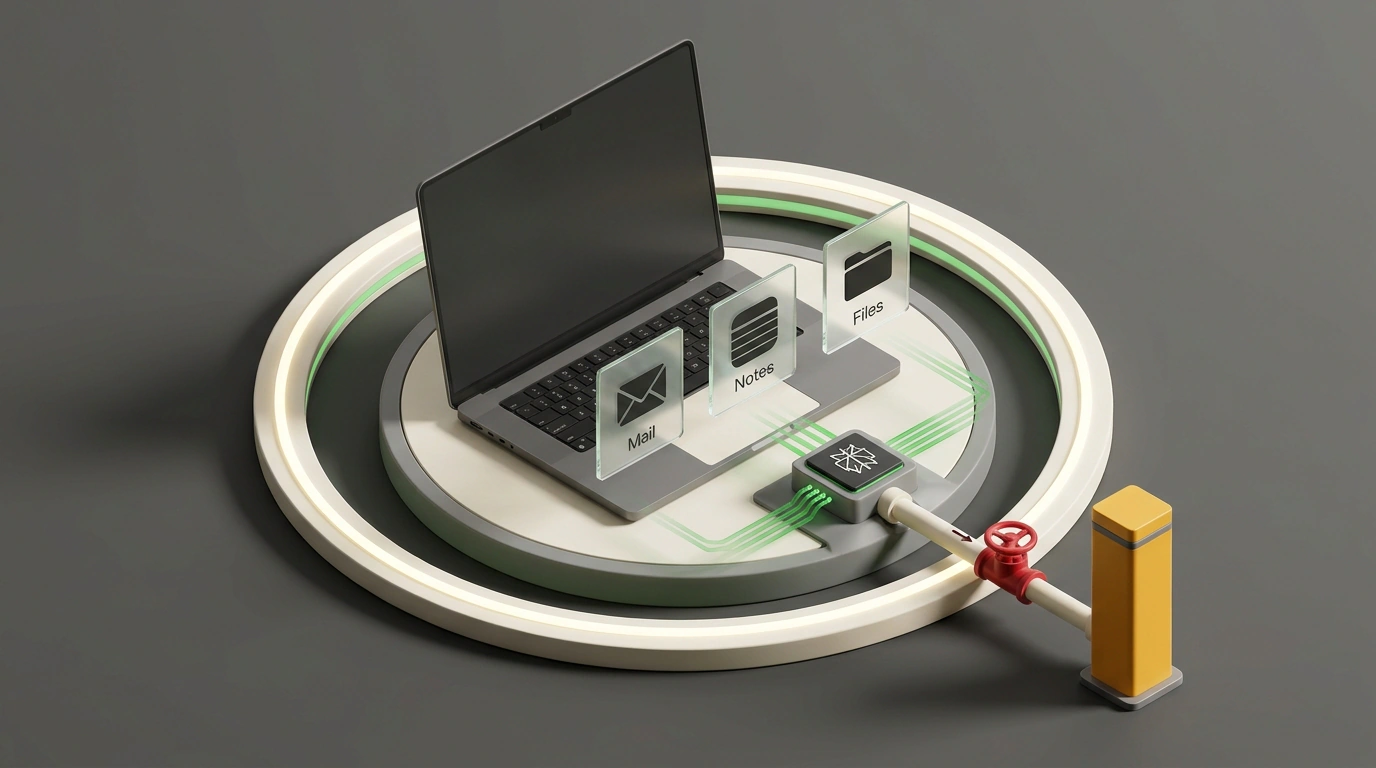 Концептуальная 3D-модель гибридного контура Perplexity Computer с локальным защитным куполом и внешним шлюзом на Mac.