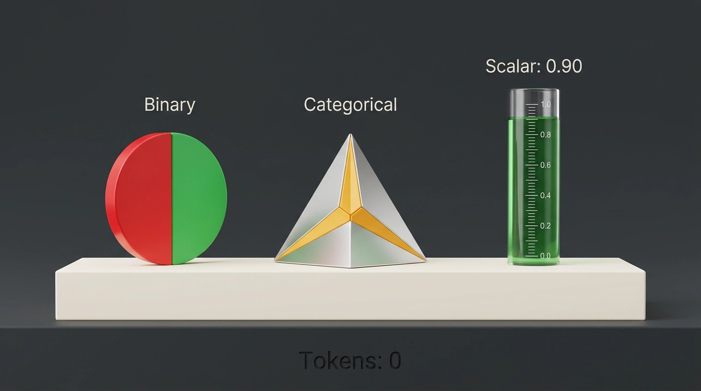 Скульптурная инфографическая композиция трех типов вердиктов Decision Model d1-ultra без расхода выходных токенов.