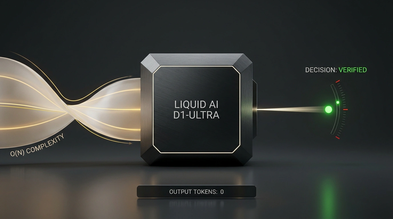 Трехмерный рендер динамической модели решений Liquid AI d1-ultra с нулевым расходом токенов и точной калибровкой вероятностей.