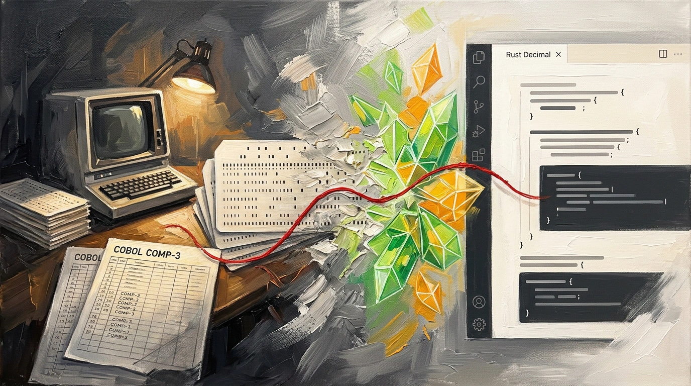 Живописная сцена рефакторинга кода мейнфрейма с перфокартами COBOL и светящейся современной архитектурой на Rust.