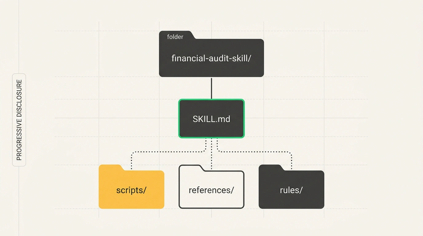 Инженерная схема модульной архитектуры Agent Skills с файловой иерархией SKILL.md и принципом Progressive Disclosure.