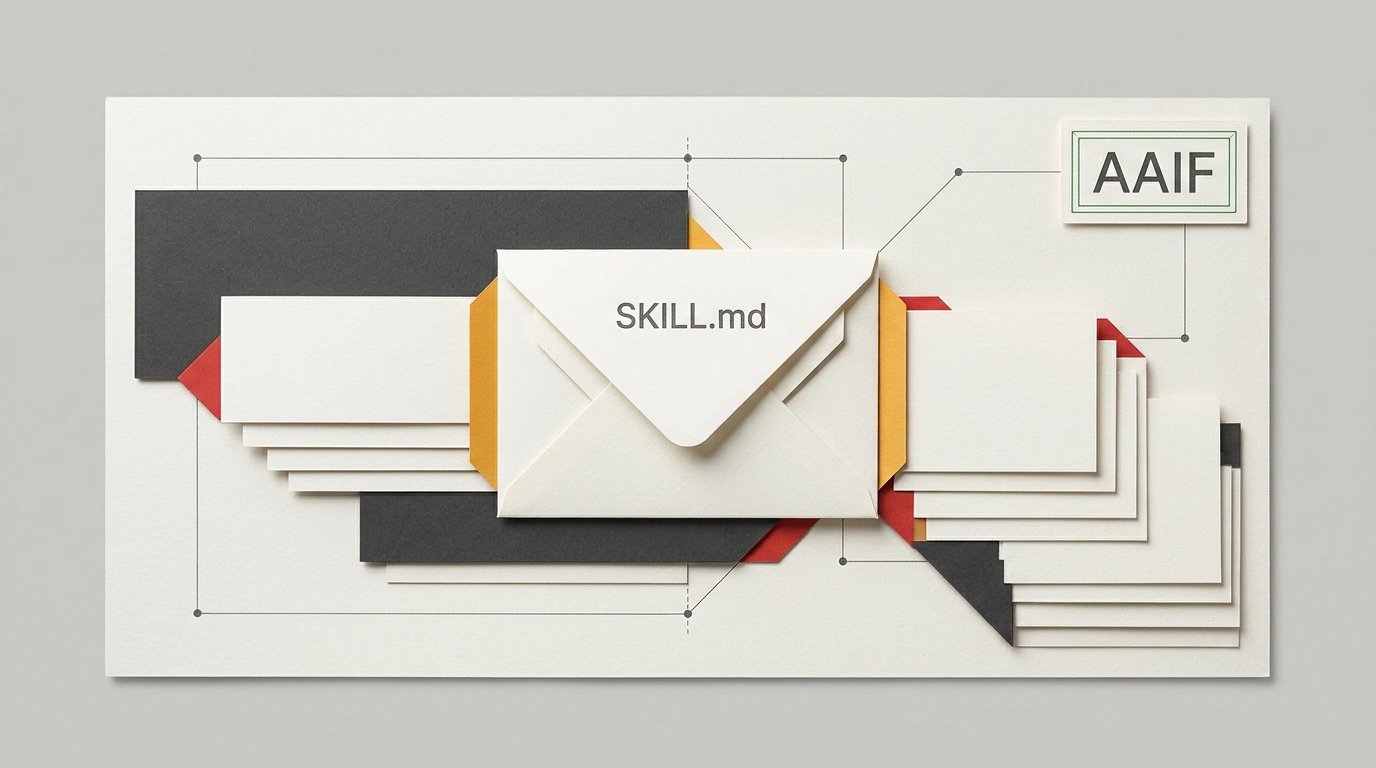 Бумажный многослойный коллаж с раскрывающимся манифестом навыка SKILL.md и геометрическими модулями открытых стандартов ИИ.