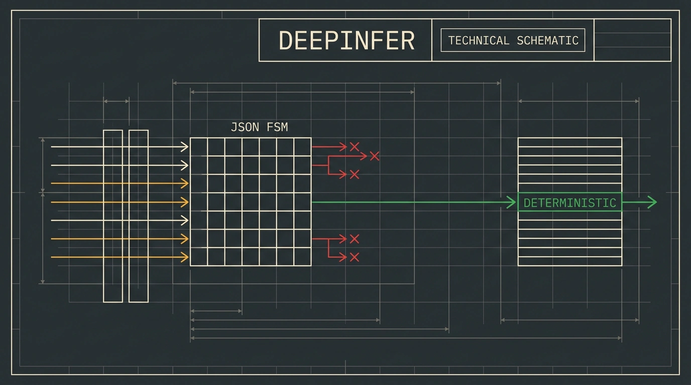 Инженерный чертеж-blueprint архитектуры DeepInfer с матрицей конечного автомата FSM и зеленым контуром валидной структуры JSON на графитовом фоне.