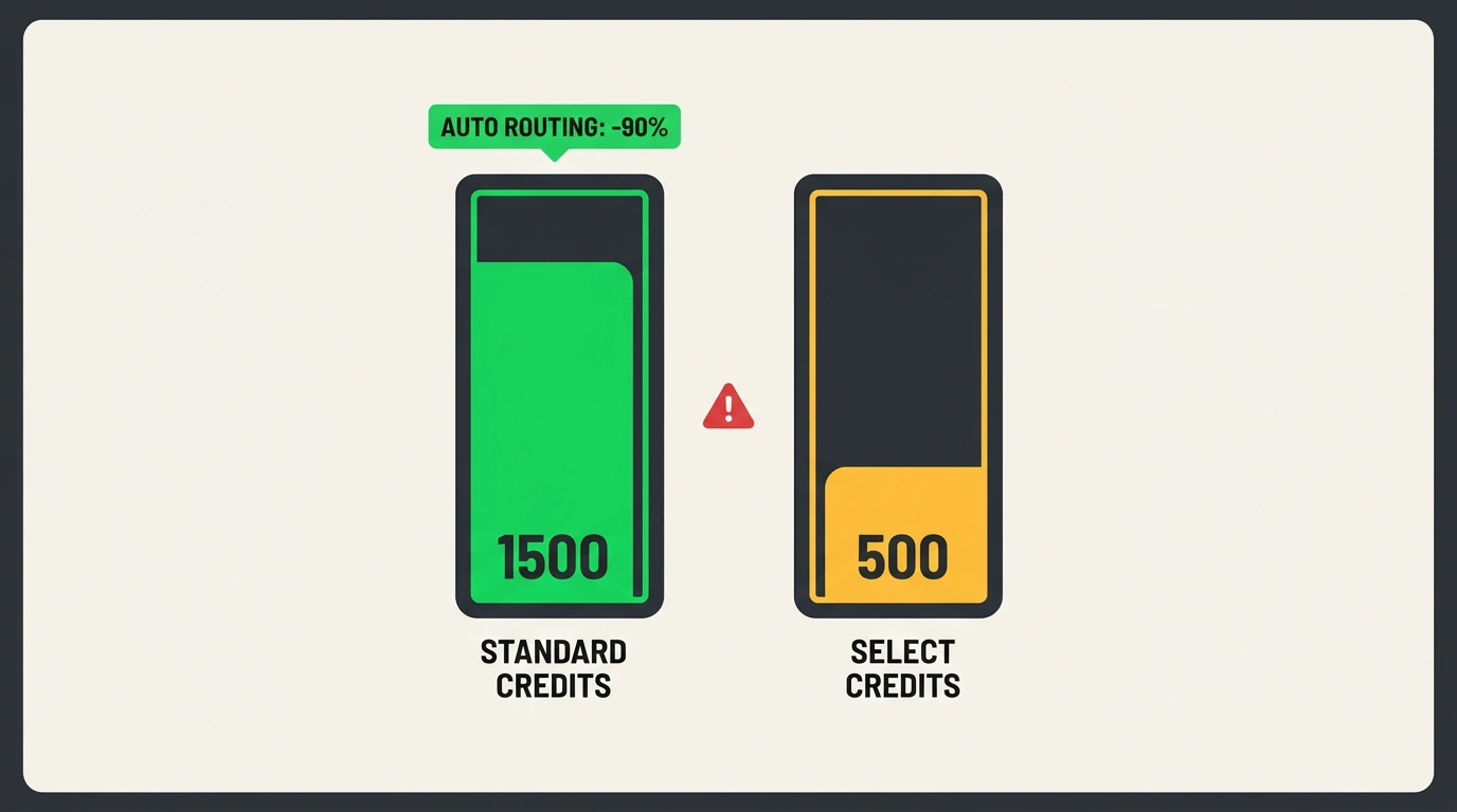 Инфографическая диаграмма двухуровневого биллинга: 1500 Standard Credits для авто-маршрутизации против 500 Select Credits для тяжелых моделей.